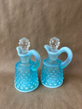 Pair Of Fenton Style Blue Opalescent Art Glass Hobnail Cruet W/ Stopper