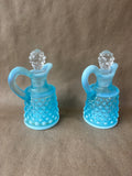 Pair Of Fenton Style Blue Opalescent Art Glass Hobnail Cruet W/ Stopper