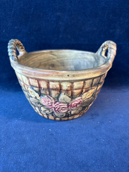 Weller Style Pottery Flemish Roses Handled Basket