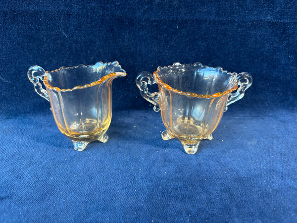 Cambridge Martha Style Cream & Sugar Set Footed W Scroll Handles Amber Glass