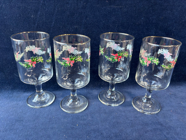 Set Of 4 Holiday Holly Pedestal Gold Trim Glasses