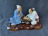 Chinese Shiwan Mud Man Figurine Pair of Men Playing Board Game Go Majong w/Wooden Stand *Read Description*