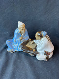 Chinese Shiwan Mud Man Figurine Pair of Men Playing Board Game Go Majong w/Wooden Stand *Read Description*