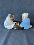 Chinese Shiwan Mud Man Figurine Pair of Men Playing Board Game Go Majong w/Wooden Stand *Read Description*