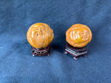 Lot Of 2 Round Wooden Buddhas W/ Stands *Read Description*