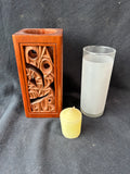 Hand Carved Wooden Candle Holder w/ Glass Insert And Votive Candle
