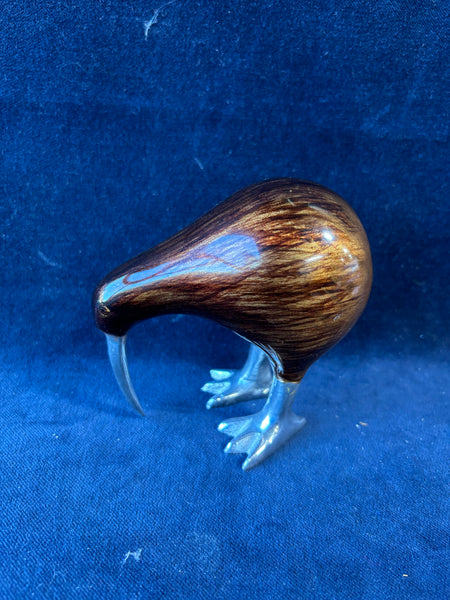 Kiwi Bird Figurine Cast Aluminum Brown Wood Grained Enameled Silver Sculpture