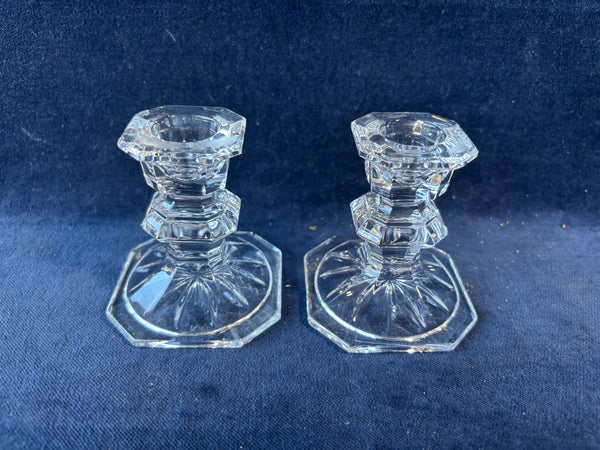 Pair Of Clear Short Glass Candlesticks Holders