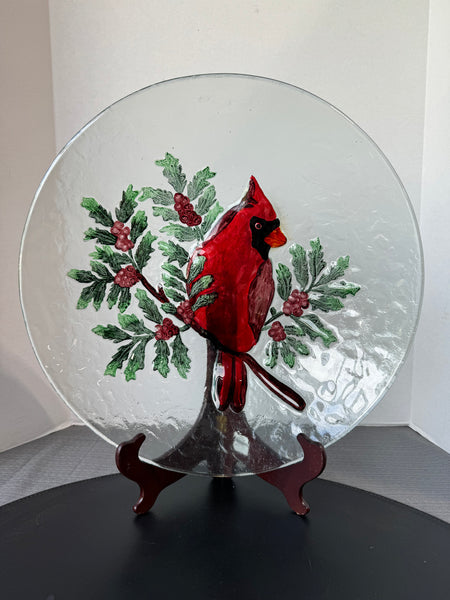 Extra Large Textured Cardinal & Holly  Decorative Plate