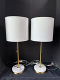 Pair Of White Marble-Style Base Lamps with Gold Finish & Shades (Works) *Read Description*