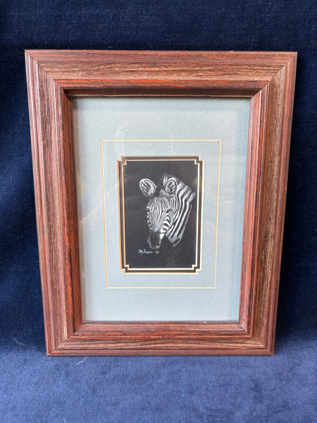 Ray Barone Zebra Framed Scratchboard Art Signed