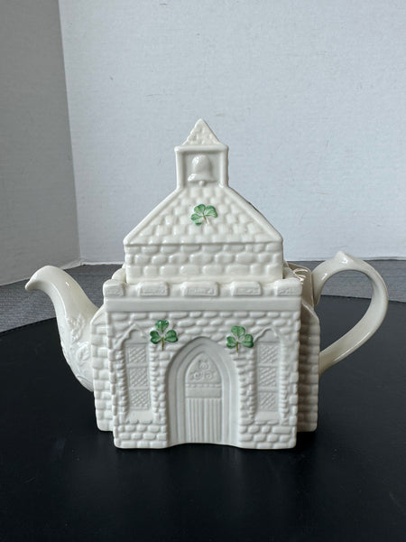 (H) Belleek Ireland Porcelain Shamrock Celtic Church Lidded Teapot