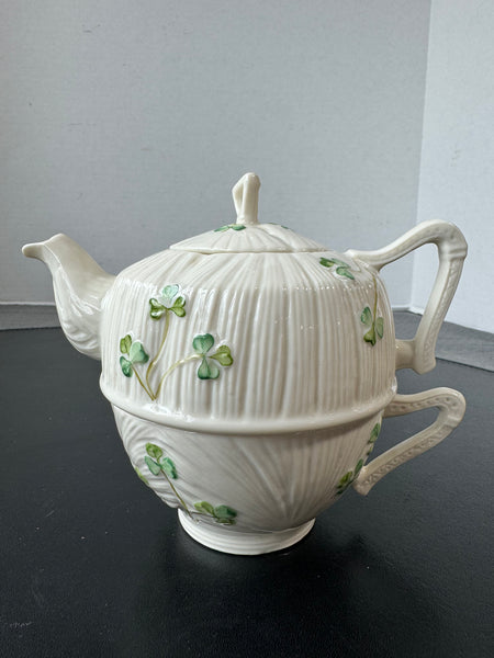 (K) 2-Piece Belleek Ireland Porcelain Shamrock Harp Tea for One Teapot & Teacup Set