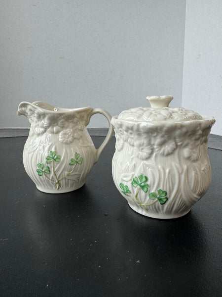 (N) 2-Piece Belleek Ireland Porcelain Shamrock Daisy Creamer & Lidded Sugar Bowl Set