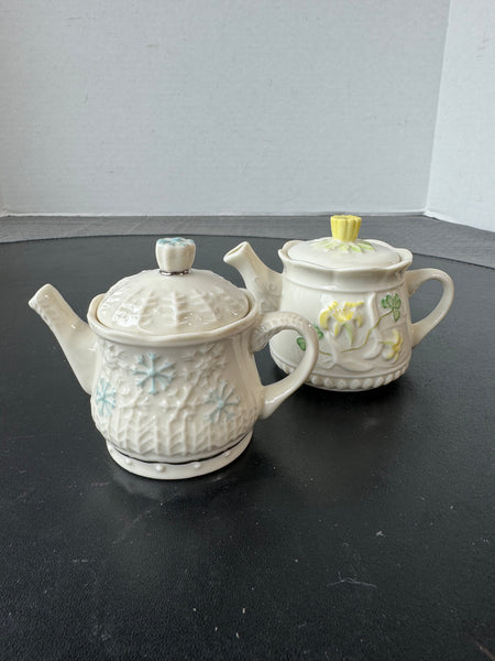 (R) Pair of Belleek Ireland Porcelain Summer & Winter Seasons Mini Teapots