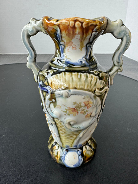 Vintage Porcelain Majolica Transferware Double Handled Vase