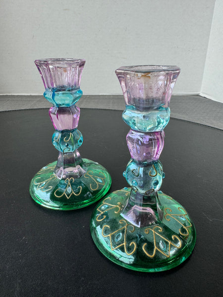 Pair of Partylite Accents Mardi Gras Glass Candlesticks