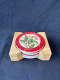 Set of 4 Christmas Holly Ceramic Coasters W/Holder– Signed *Read Description*