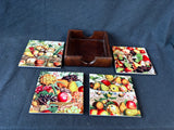 Set of 4 Fruit Ceramic Coasters W/Holder