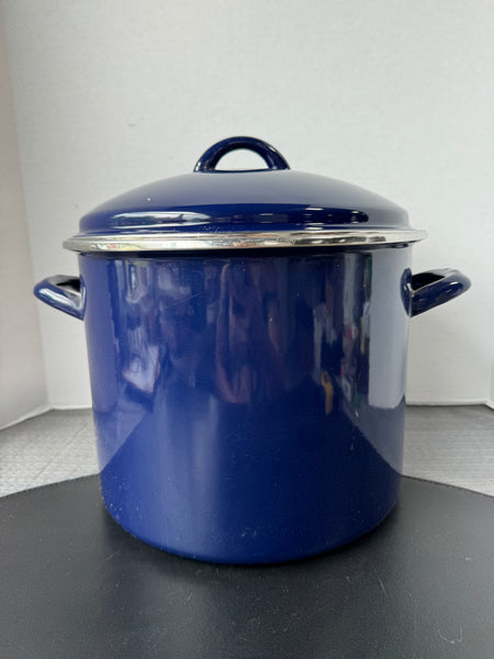 Vintage Roshco Blue Enamel Stainless Steel Lidded Stock Pot