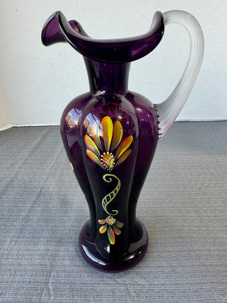 (C) Fenton Signed & Numbered American Masterworks Hand Painted Floral Dark Purple Glass Pitcher