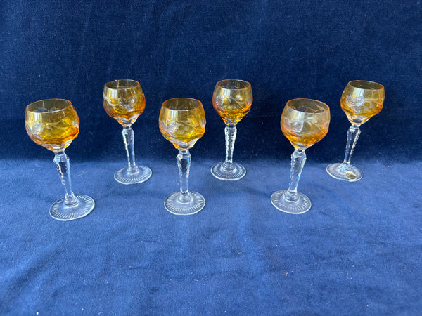 Set Of 6 Amber Yellow Bohemian Crystal Cordial Glasses (2 Sets Available, Priced Individually)