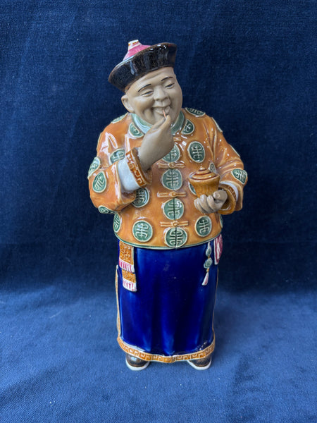 Chinese Pottery Glazed Statue Of Man Holding A Steam Cup *Read Description*
