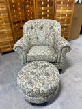 Upholstered Chair with Ottoman, (tan fabric with blue accents)