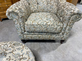 Upholstered Chair with Ottoman, (tan fabric with blue accents)