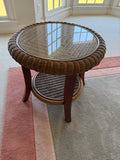 Round Brown Wicker Side Table with Glass Insert Top