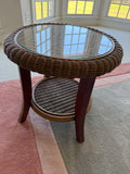 Round Brown Wicker Side Table with Glass Insert Top