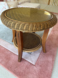 Round Brown Wicker Side Table with Glass Insert Top