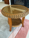 Round Brown Wicker Side Table with Glass Insert Top