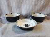 Lot of 3 Ceramic Black Paw Print Pet Bowls