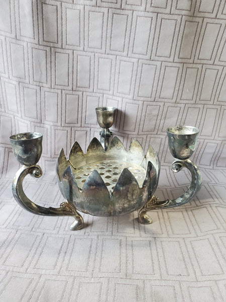 Vintage Silverplate Lotus Flower Candlestick Holder and Vase