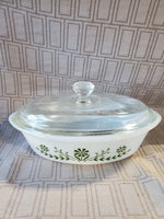 Glasbake "Green Daisy" Milk Glass Baking Dish
