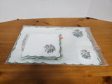 14 Piece White Embroidered Bird and Floral Motif Fabric Placemat and Napkin Set