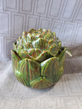 Signed Green Glazed Ceramic Artichoke Condiment Jar with Spoon