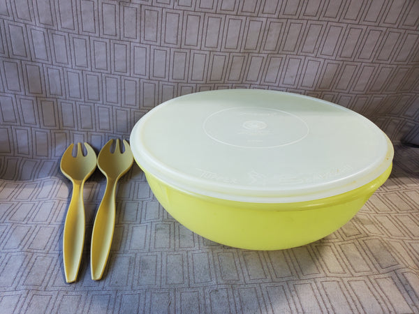 Tupperware Yellow Fix-n-Mix Salad Bowl with Salad Serving Utensils