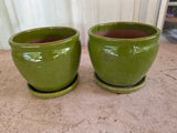 Pair of Green Glazed Terracotta Planters w/Fixed Saucers