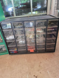 Two Garage Storage Boxes w/Small Plastic Drawers - Filled w/Random Hardware