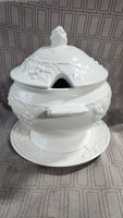 White Ceramic Embossed Fruit Soup Tureen with Saucer