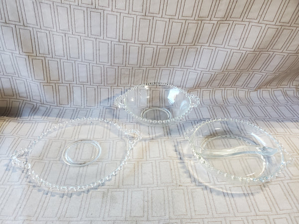 Lot of 3 Clear Glass Beaded Rim Serving Dishes