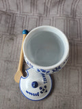 Hand Painted Ceramic Blue and White Dijon Mustard Jar with Spreader