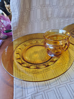 8 Piece Amber Glass King's Crown Thumbprint Luncheon Plate and Cup Set