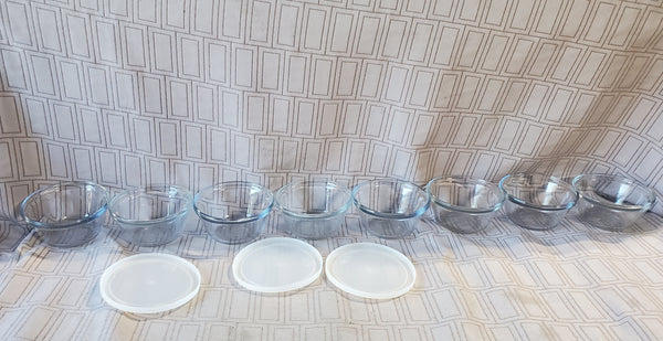 Set of 8 Anchor Hocking Clear Glass Custard Bowls with 3 Lids