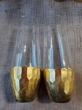 Set of 10 Clear Glass and Gold Toned Dipped Honeycomb Base Stemless Champagne Flutes