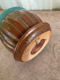 Teal and Brown Small Glazed Pottery Planter w/Fixed Saucer