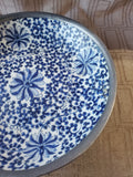 Vintage Asian Inspired Blue and White Porcelain Plate with Pewter Rim