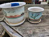 Duo of Glazed and Painted Pottery Planters w/Fixed Saucers